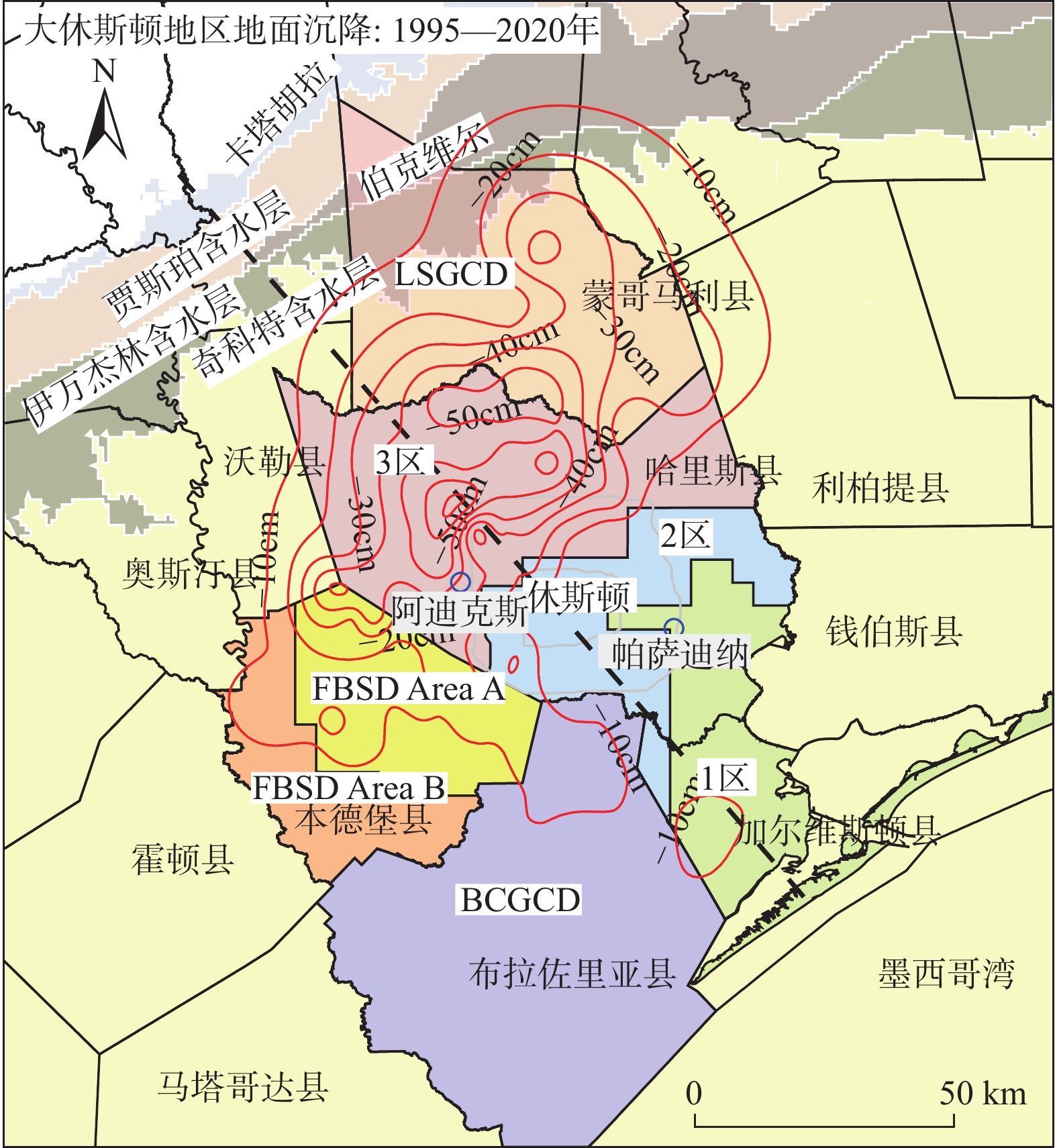 美国大休斯顿地区的主要含水层和地面沉降（1995—2020）分布图